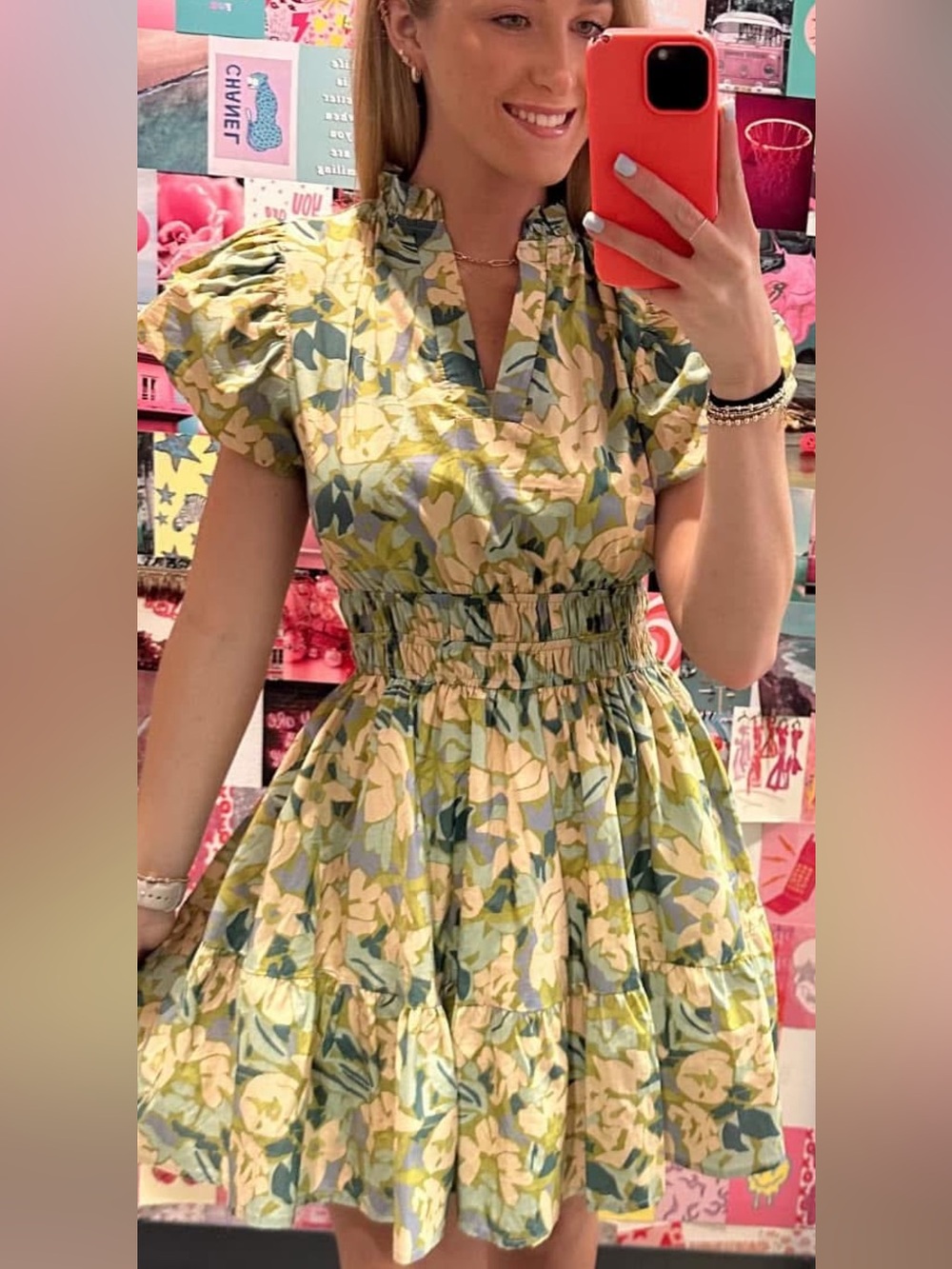 Floral Smocked Waist Mini Dress in Green and Cream